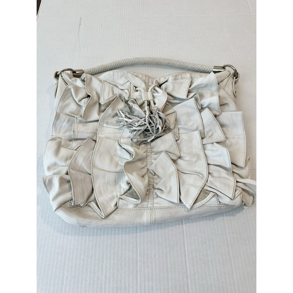 Adrienne Vittadini ANABELLE White Ruffled Genuine Leather Shoulder bag